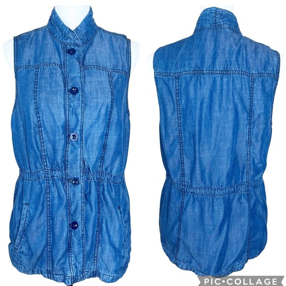 Coldwater Creek Vest Women’s Medium Tencel Denim Preppy Lined Drawstring - Picture 1 of 10